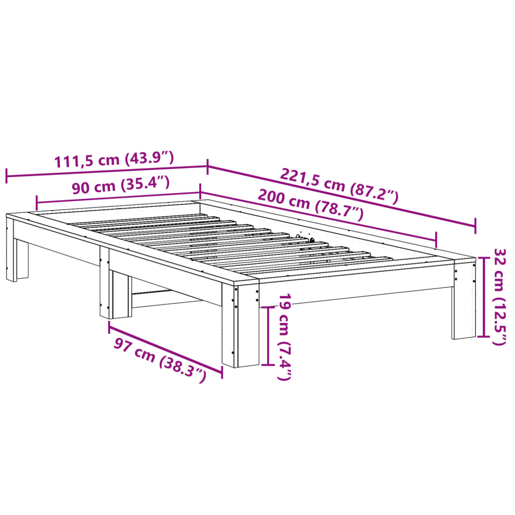 Bed Frame without Mattress 90x200 cm Solid Wood Pine